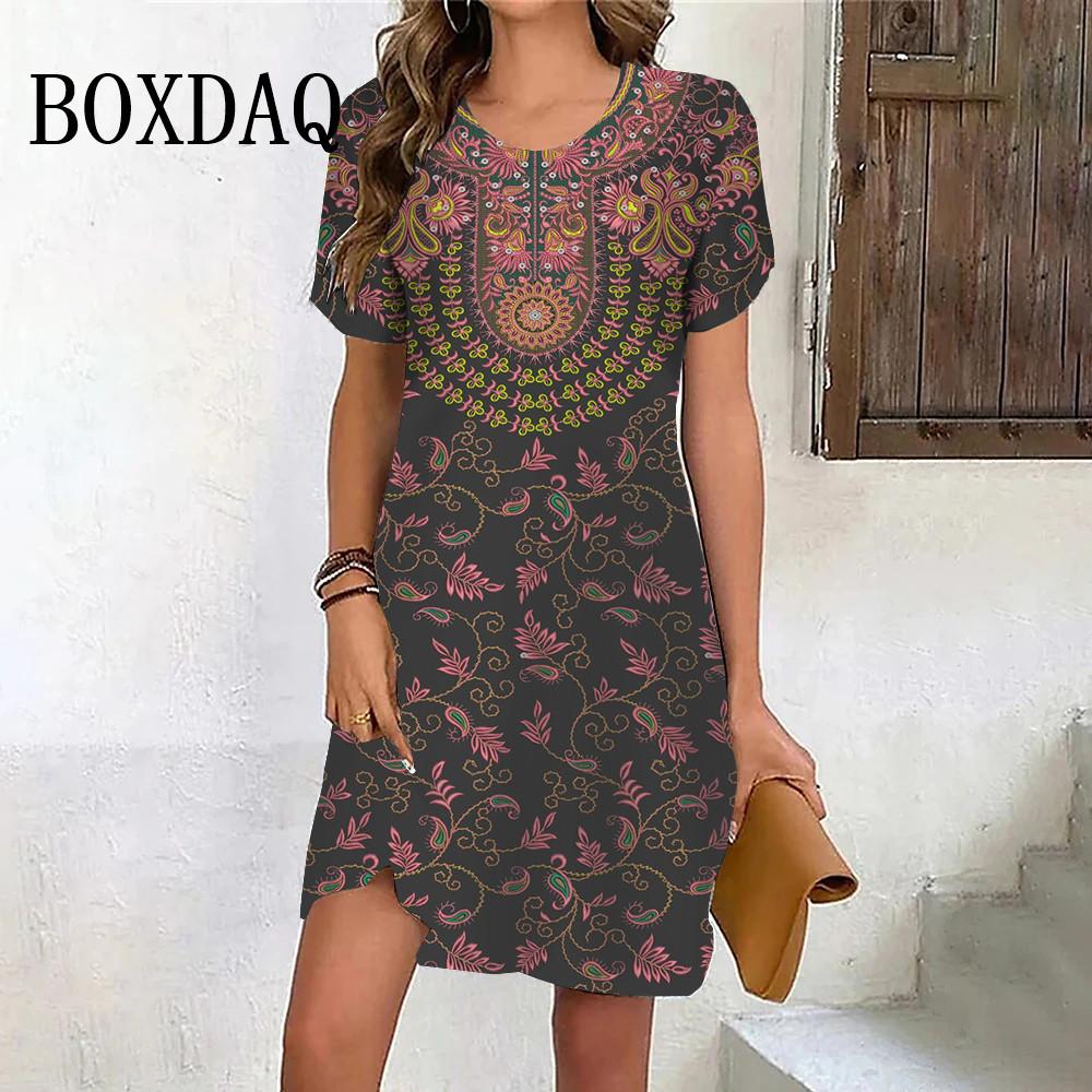 Casual and Elegant Ethnic Style Retro 3d Printed Round Neck Mini Dress Summer Women's Short-sleeved Vacation Dress
