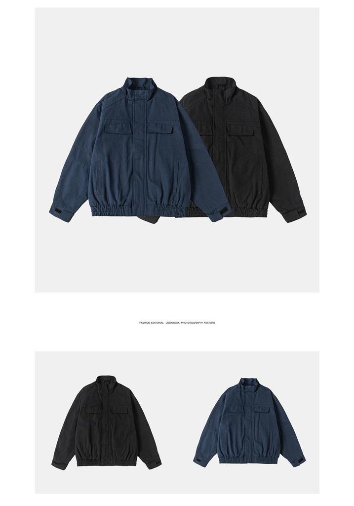 ANGN Unisex Retro Canvas Multi-Pocket Workwear Jacket, Stand-Up Collar, Loose Fit for Spring/Autumn
