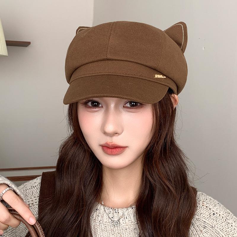 Autumn and Winter Hats for Women  British Retro Octagonal Hat Large Head Circumference Face Showing Small Beret Versatile Cat Eared Peaked Hat