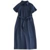 2025 summer new cotton and linen lapel short-sleeved dress loose a-shaped long strap solid color shirt skirt, women