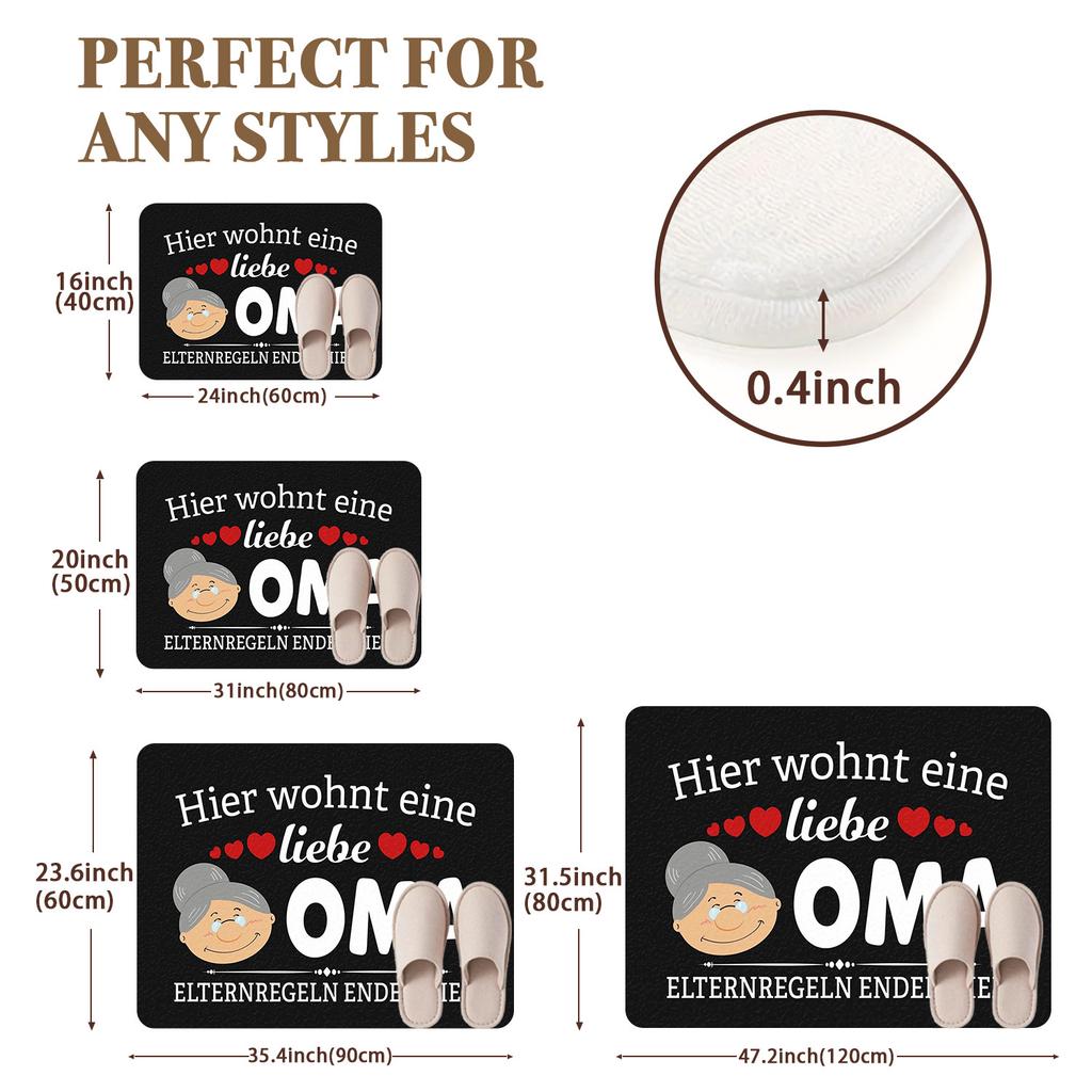 German Oma Welcome Mat - "Here Lives a Loving Grandma" Black Humorous Doormat with Hearts, Machine Washable Flannel Entrance Rug