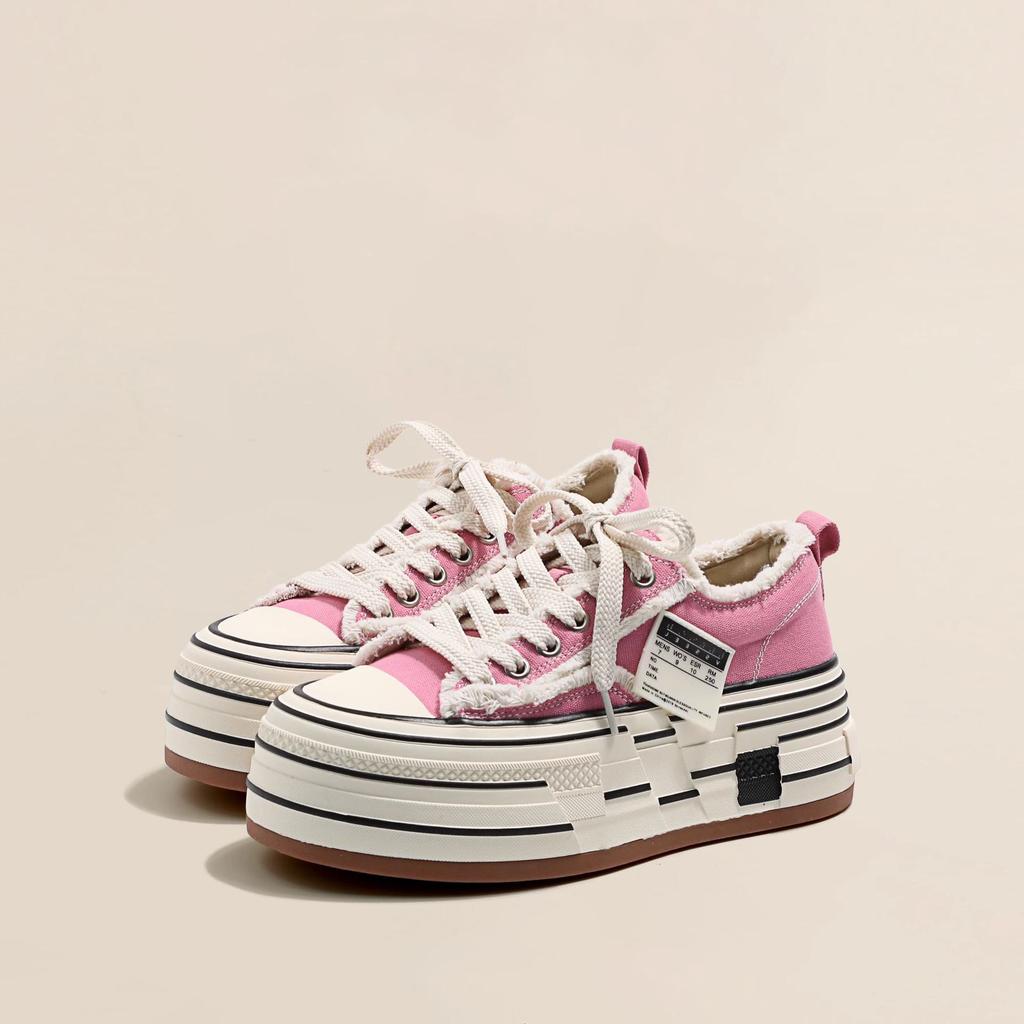 Thick-soled Lace-up Versatile Canvas Shoes Women's 2025 New Casual Style Beggar Rough Edge Round Head Casual Sports Shoes
