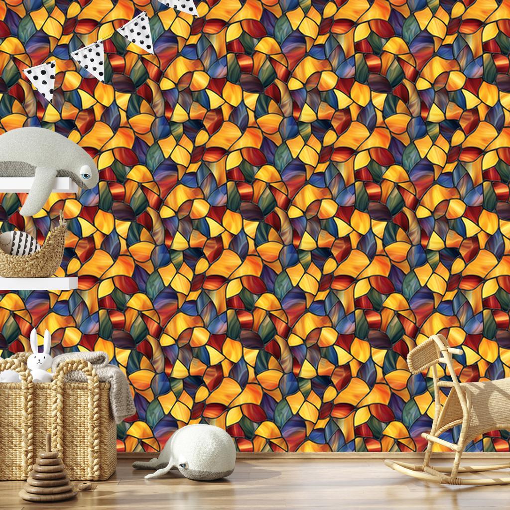 Stained Glass Wallpaper Gold, Orange and Red 50x1000