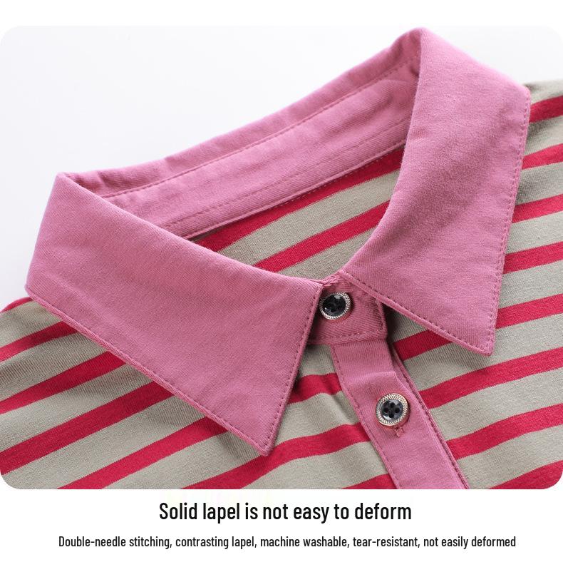 Women's Autumn Korean Style Striped Long Sleeve Lapel T-shirt - 95% Cotton, Button-Up, Slimming Fit