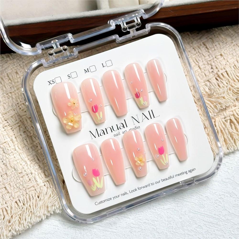 10/30pcs 5D Ice Transparent Pink Long Coffin False Nails 3D Cute Tulip & Acylice Flower Press On Nails Full Cover Fake Nails D&4