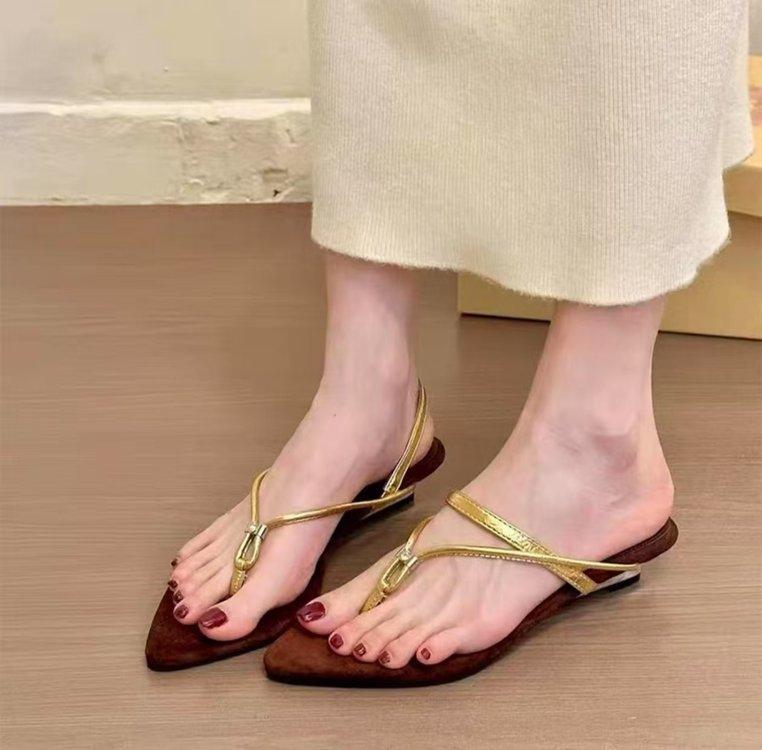 Soft leather version~ Simple two-wear retro wedge heel Roman shoes, women's pointed toes with thin belt temperament, open-toed toe sandals