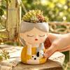 Decorative Resin Desktop Accessory Cute Head Planter, Succulent Little Girl Flower Pot, Human Plant Pot for Office Face Cactus Plants Container,