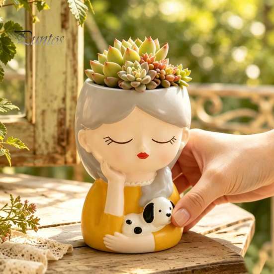 Decorative Resin Desktop Accessory Cute Head Planter, Succulent Little Girl Flower Pot, Human Plant Pot for Office Face Cactus Plants Container,