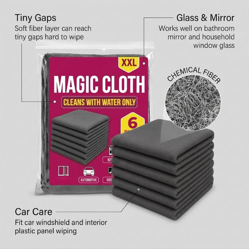 Multi Surfaces Wiping Cloth Set, 6 Absorbent Cleaning Rags Reusable for Wet & Dry Use on Window, Mirrors, Dining Tables, Kitchen Areas & Automotive