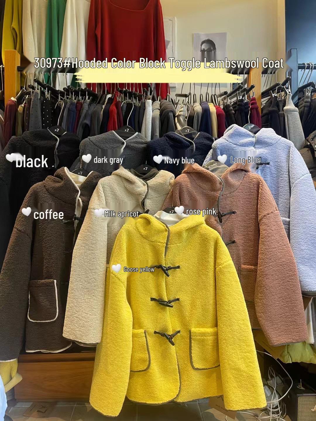 

Women s Winter Loose Plus Size Korean Style Lambswool Hooded Coat with Toggle Buttons Navy Blue