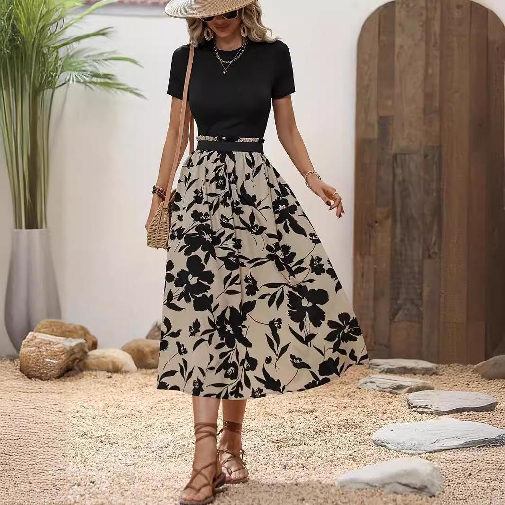 Women's Floral Print Round Neck Dress Set - Elegant Exotic Vacation Style for Spring/Summer 2025