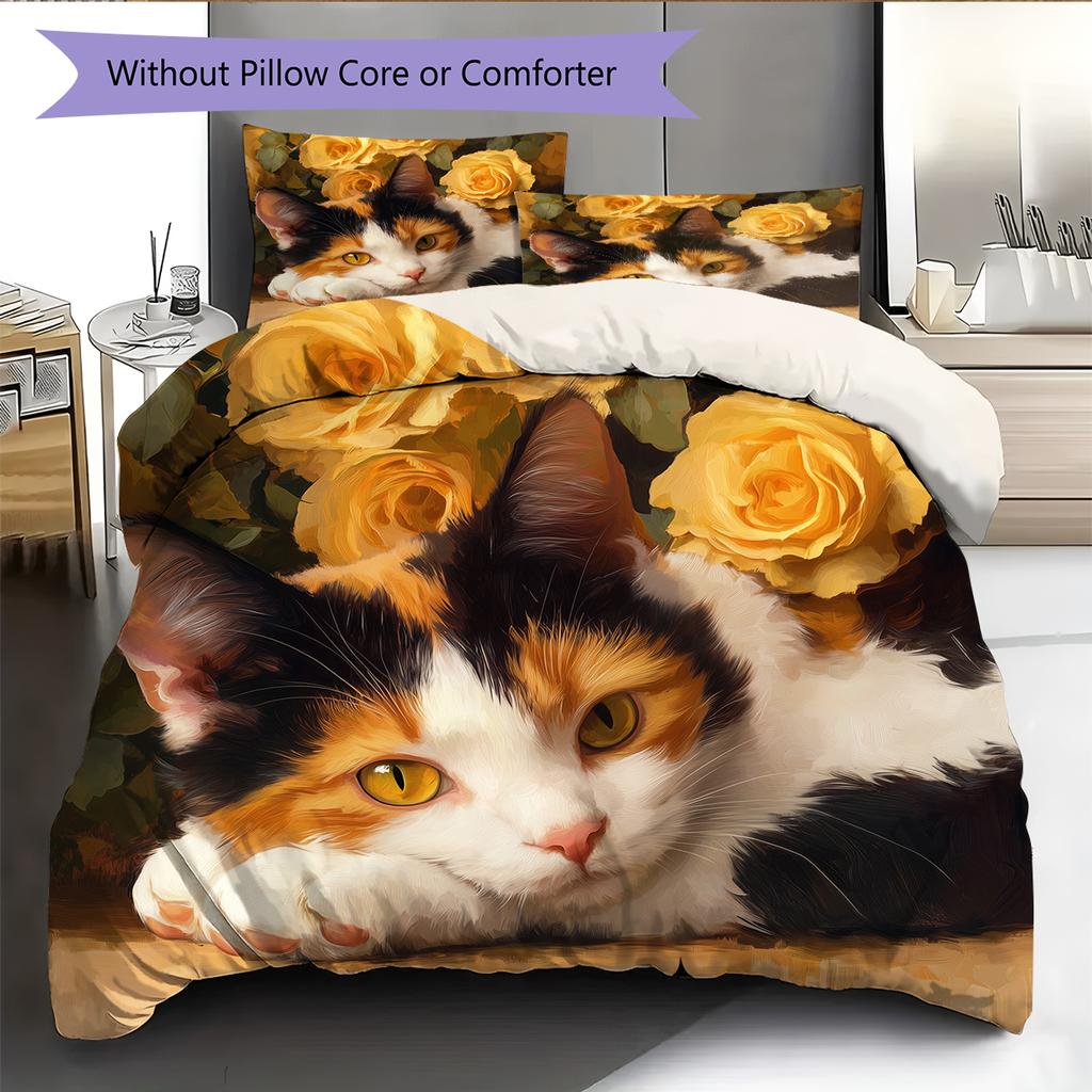 Calico Cat and Fresh Flowers Pattern Bedding Home Decoration Birthday Gift (1 * Duvet Cover + 2 * Pillowcase, Without Core)