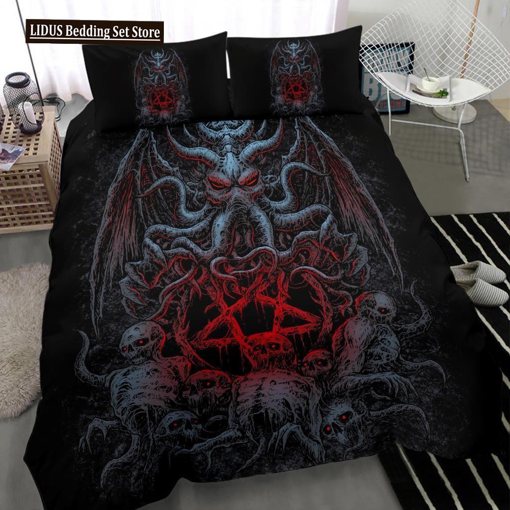 Skull Skeleton Satanic Goat Skull Duvet Cover Set Trophy Demon Breed Bedding Sets Night Blue Pink Satanic Baphomet Quilt Cover