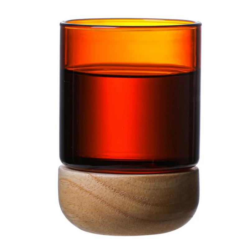 

New 280ml High Borosilicate Glass Coffee Cup with Creative Anti-Scalding Wood Base Nordic Amber Blue Beer Vodka Cups Drinkware 280ml янтарь