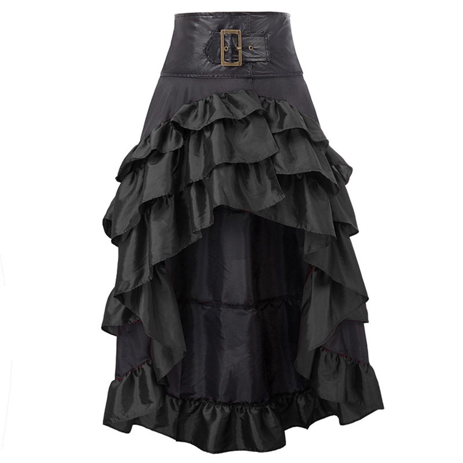 

Retro Front Short Back Long Irregular Ruffle Edge High Waist Spliced Cake Skirt S чорний