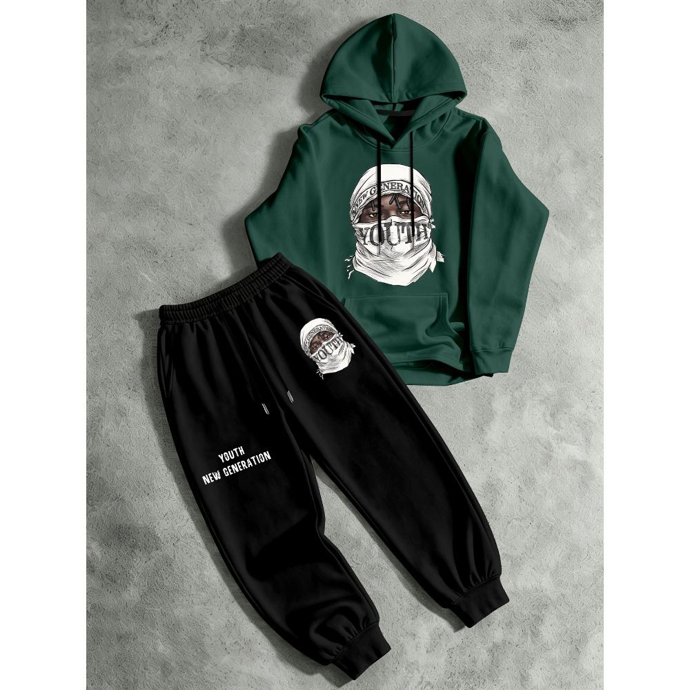 Men's Printed Hooded Sweatshirt and Pants Two Piece Set High Street Drawstring Sports Suit Soft and Skin Friendly Trendy Street Style