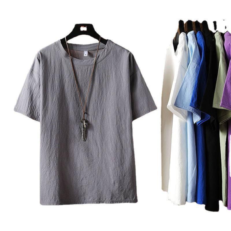Men's Cotton-Linen Retro Loose Fit Short-Sleeve T-Shirt - Solid Color, Large Size, Round Neck