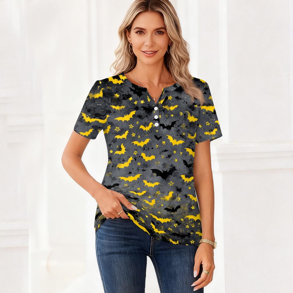 Women's Casual V Neck Button Front Top Halloween Print Short Sleeve Relaxed Fit Blouse Lightweight Breathable Fabric
