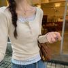 Pure Desire Lace Low-necked T-shirt Women's Early Spring Break Two Bm Floral Bottoming Shirt with Short Top Inside