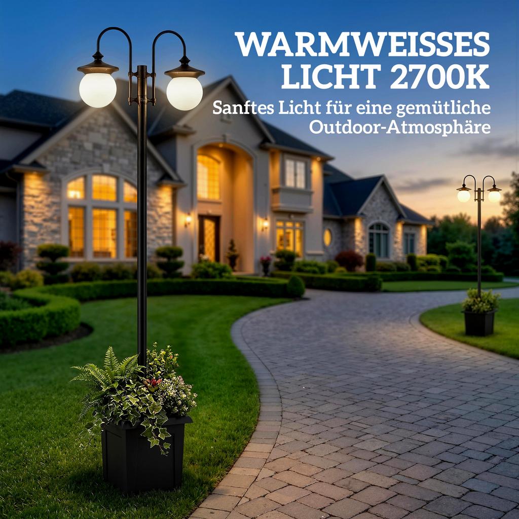 Solar Lantern Floor Lamp 182 Cm Height-Adjustable Outdoor Garden Lantern with 2 Heads Planter Light Sensor Switch IP44