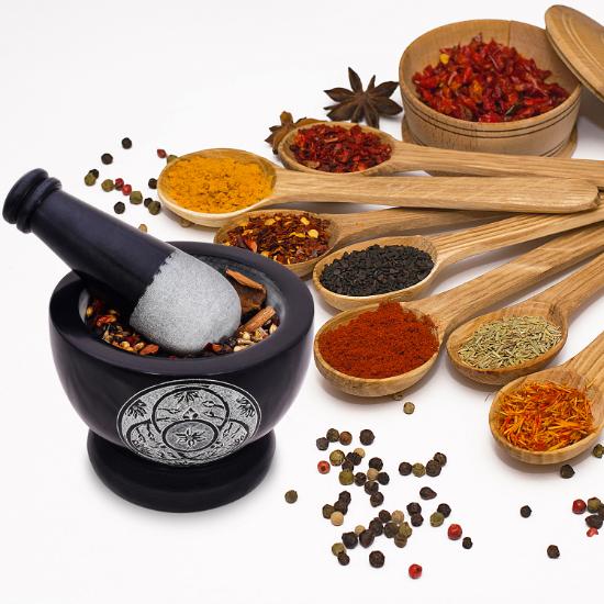 Divit Shilp Mortar and Pestle, Natural Stone Grinder for Spices, Pastes, Herbs, Seasoning etc. (Black with Engraving)