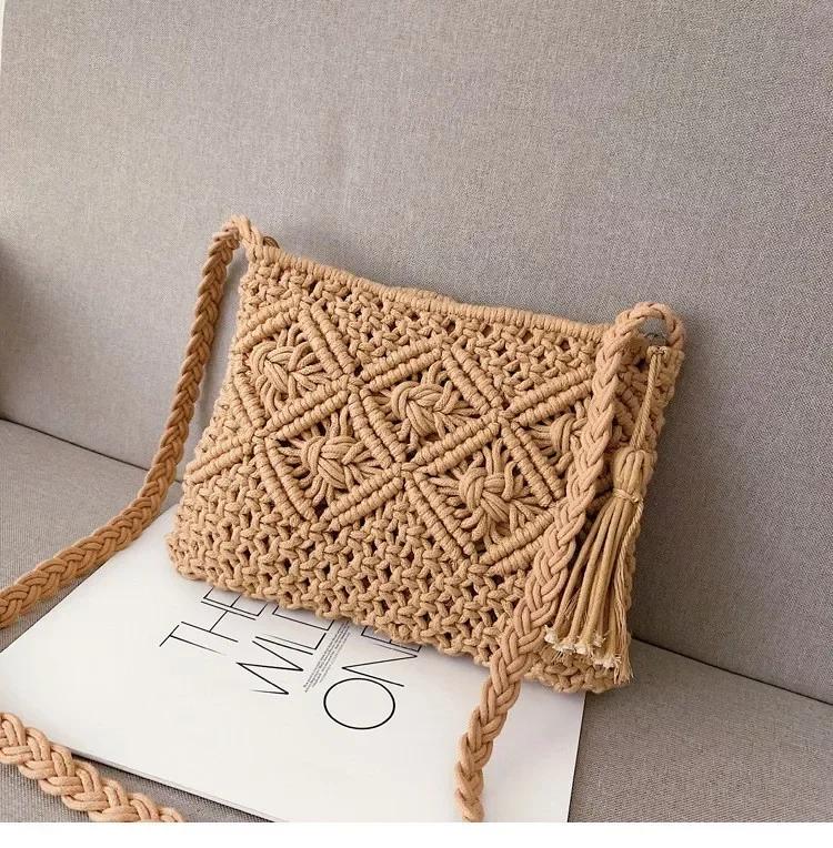 

1 Pcs Woven Bag With Crossbody Cotton Thread Tassel Artistic Style Japanese And Korean Style Beach Bag Vacation Travel Bag 25x2x20cm коричневий