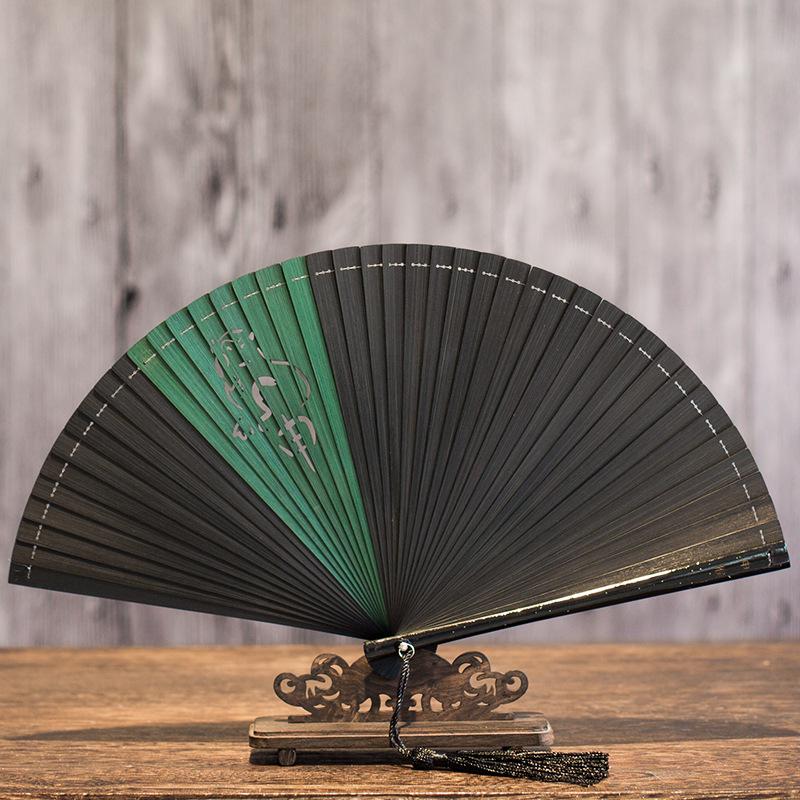 Creative and Elegant All-Bamboo Folding Fan from Laochangmen, Plain Color Fan, Hanfu Ancient Style, Simple and Fashionable Retro Bamboo Green