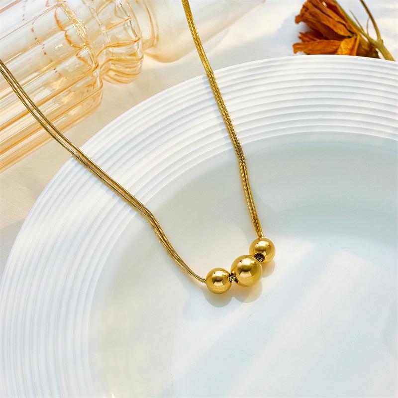 Gold Plated Triple Ball Pendant Necklace, Stainless Steel Double Snake Chain Choker, Waterproof Minimalist Jewelry for Women Gift