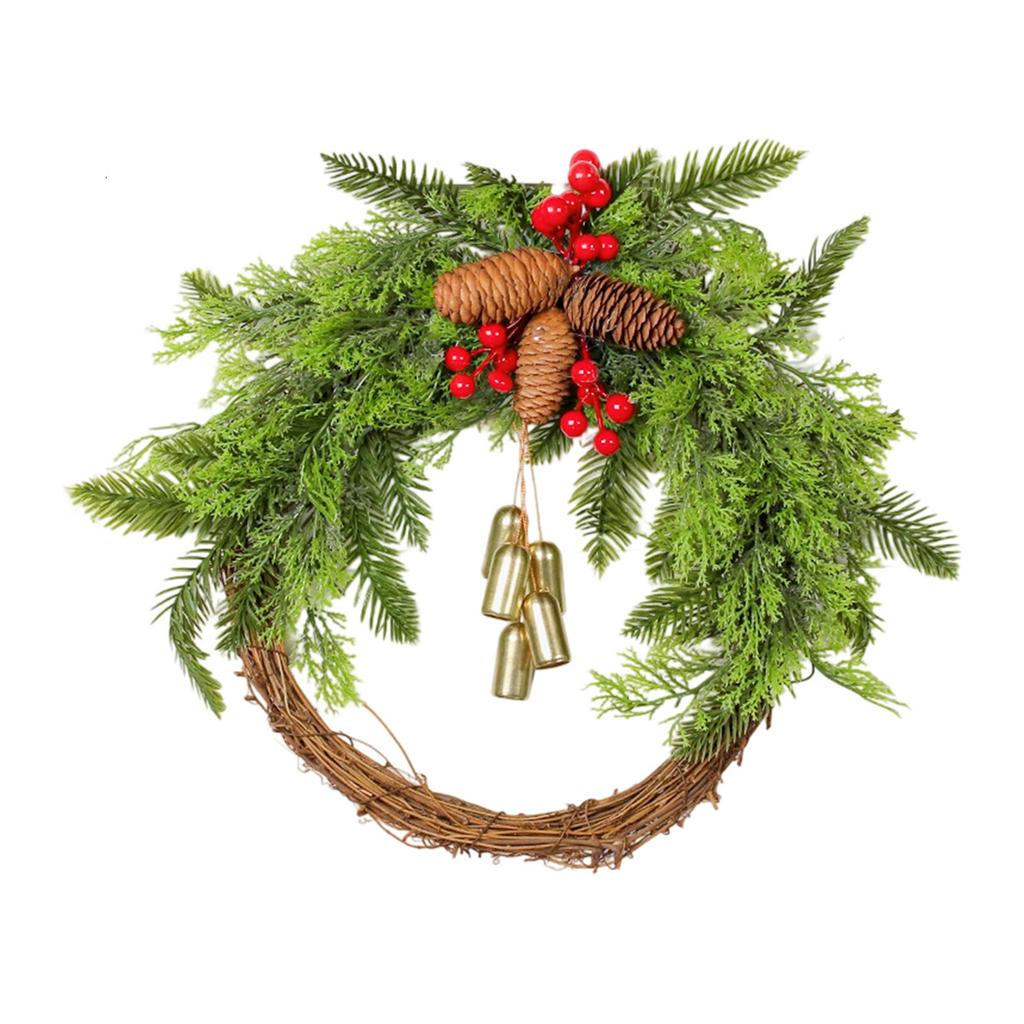 Rustic Christmas Wreath, Artificial Golden Bell Wreath, Xmas Tree Hanging Garland, Handmade Pinecones Grapevine Wreath, Holiday Christmas Decor