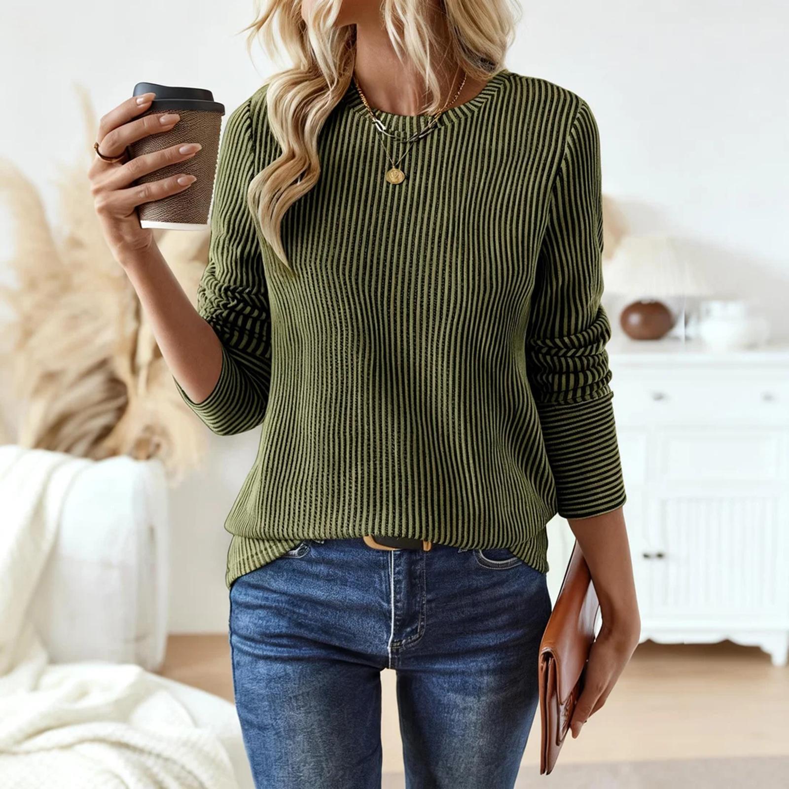 Women s Casual Color Striped Round Neck Long,sleeved Loose Top S