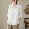 2026 Artistic Loose Fit Women's Linen Shirt with Doll Collar & Short Sleeves