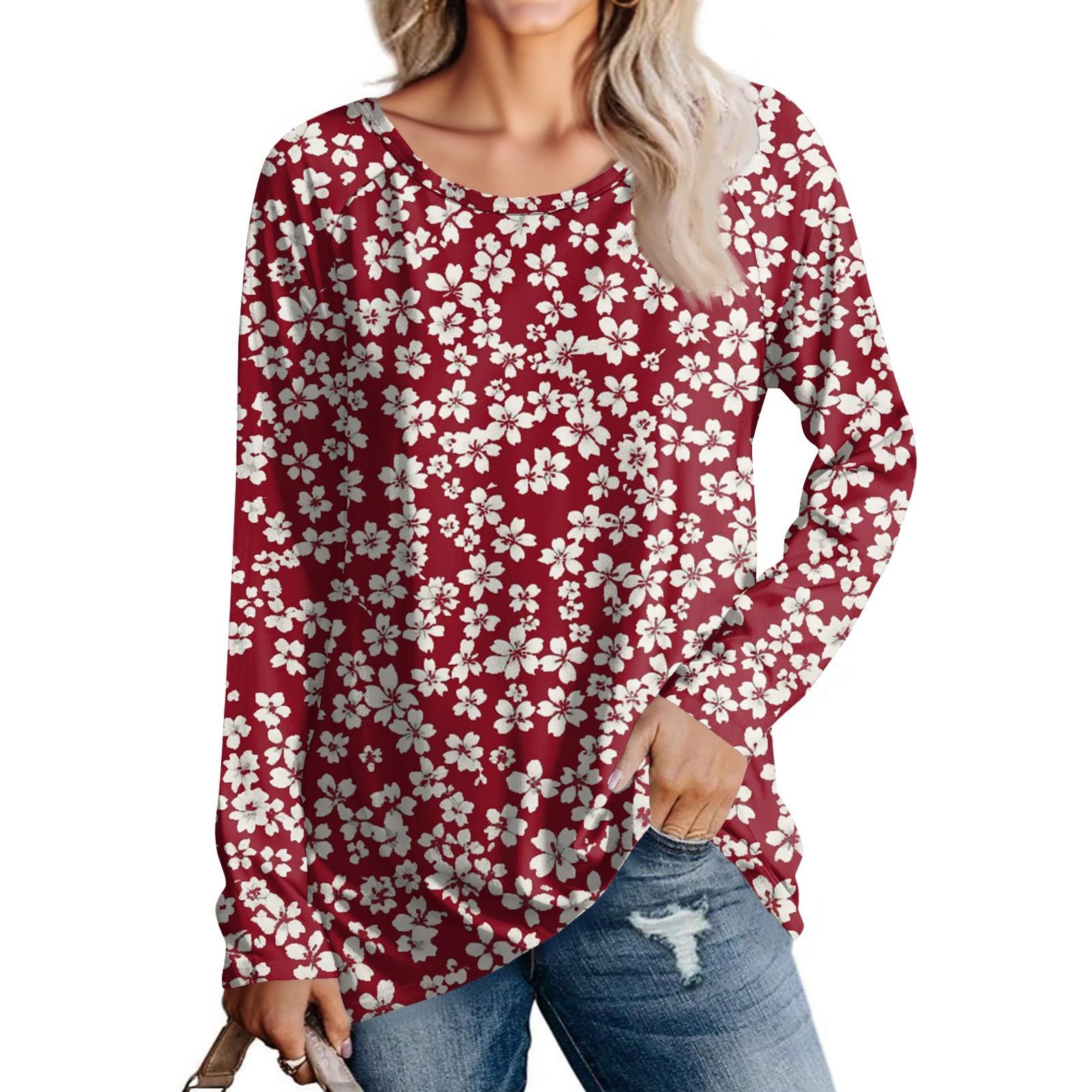 

Women s Fashion Casual Long Sleeve Print Round Neck Pullover Top Blouse S червоний