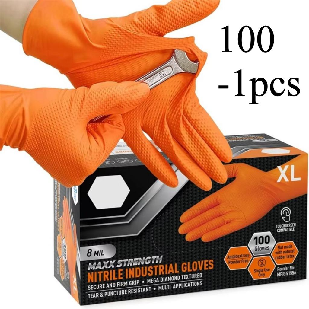 100-1pcs Heavy Duty Orange Nitrile Disposable Gloves with Diamond Textured Grip for Industrial and Mechanic Safety