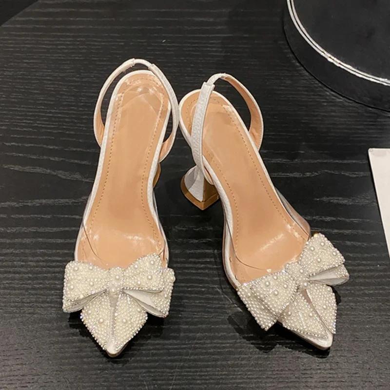 Luxury Designer White Pearl Bowknot Women Pumps Sexy Pointed Toe High Heels Wedding Prom Shoe PVC Transparent Heeled Sandals