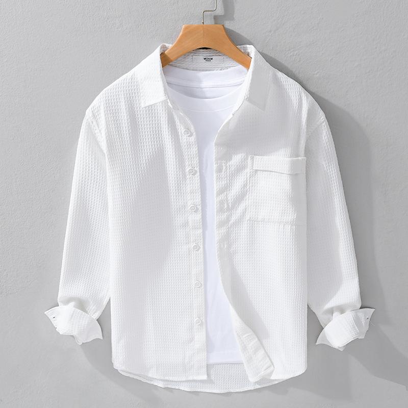 

Весенне-летняя однотонная мужская рубашка с длинным рукавом и карманом, повседневная рубашка с отложным воротником, вафельная текстурированная рубашка, простой стиль, мужская одежда M белый