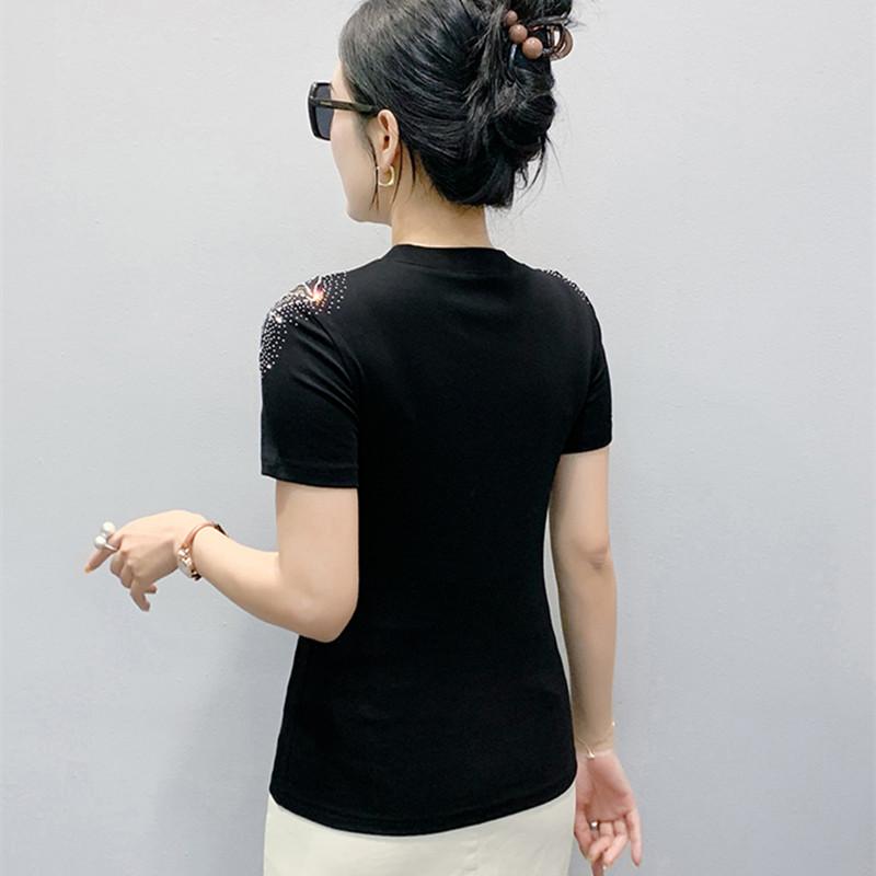 Summer New European Clothes Women's T-Shirt Luxury Hot Diamonds Tops Shirts Fashion Short Sleeve Slim Cotton Tees