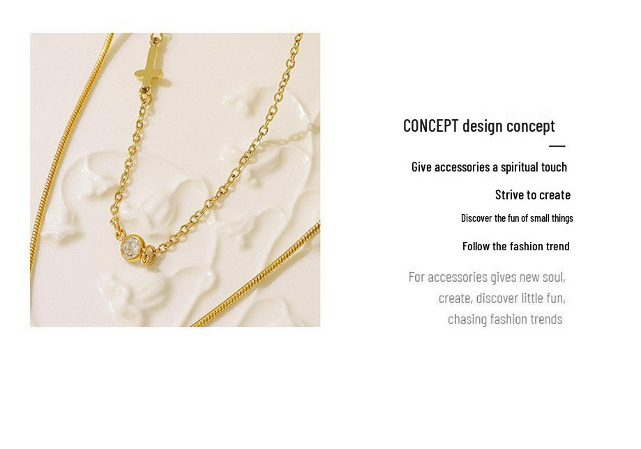 European-American Colorfast Thin Snake Bone Chain Necklace with Round Cross Zirconia Pendant, Gold-Plated Titanium Steel