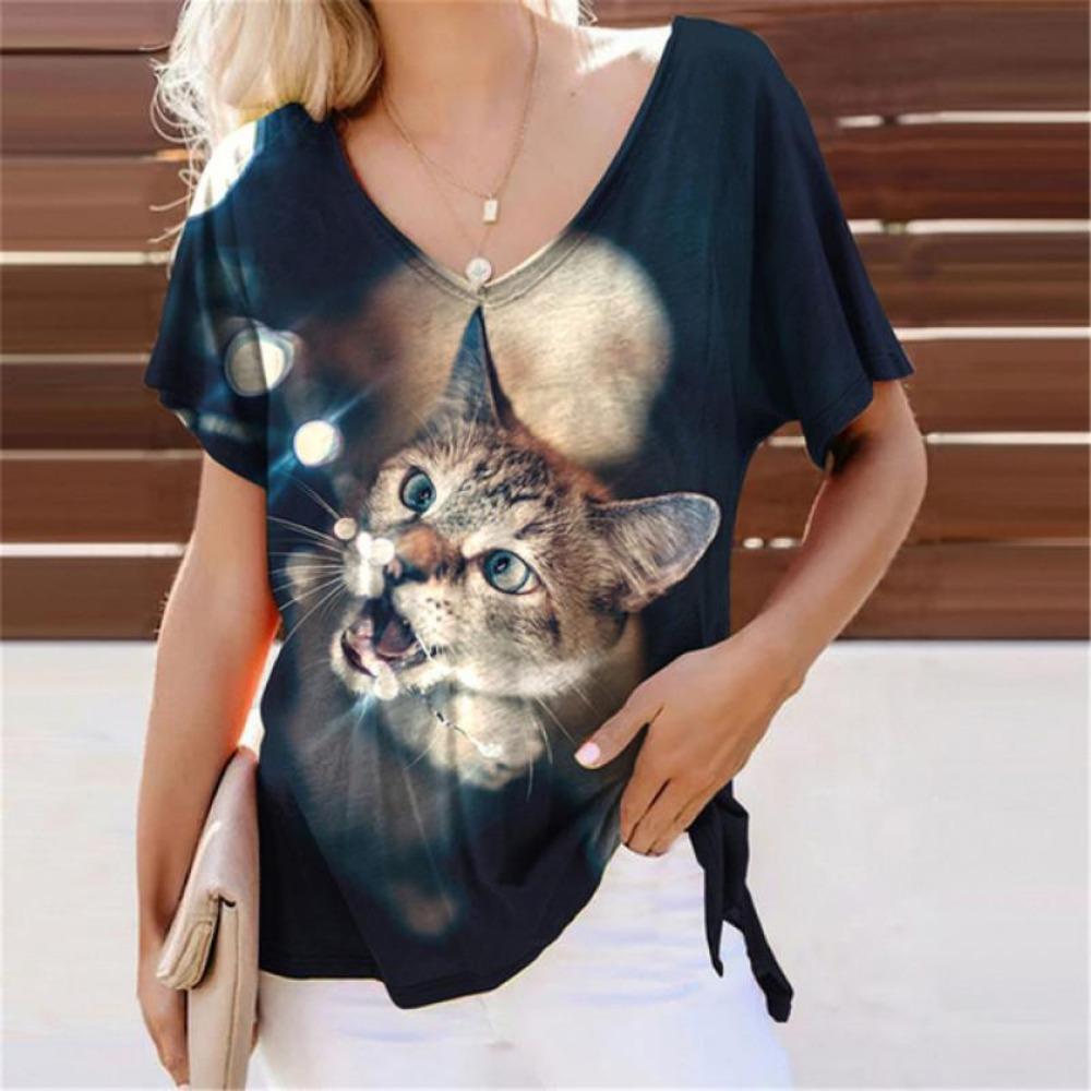 Summer Lovely Cat 3D Print T-Shirts Women Casual V-Neck Short Sleeve T Shirt Y2k Harajuku Animal Tees Loose Tops Female Clothing