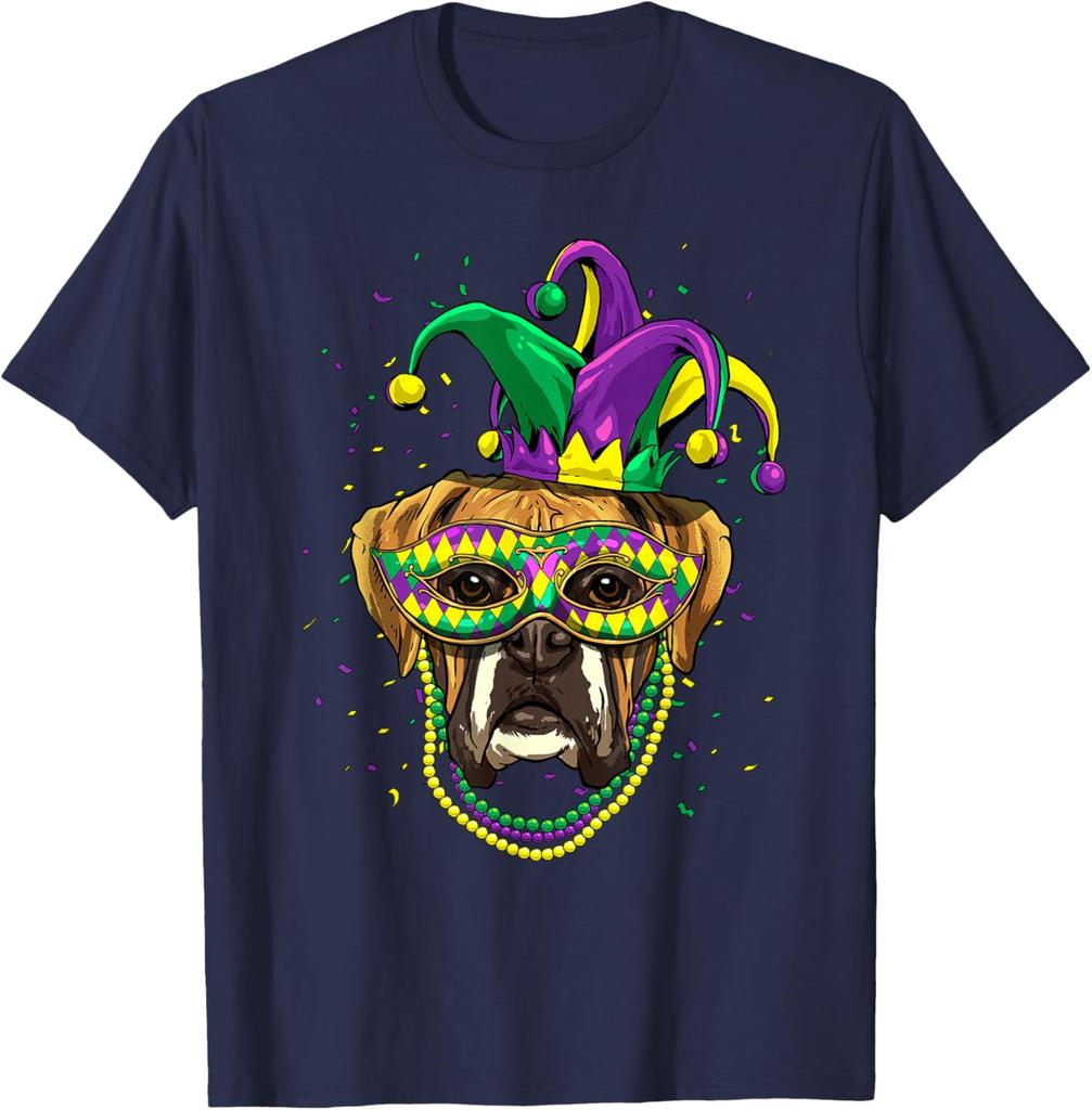 Boxer Dog Mardi Gras  Mask Beads Graphic Print Men Casual Cotton T-Shirt