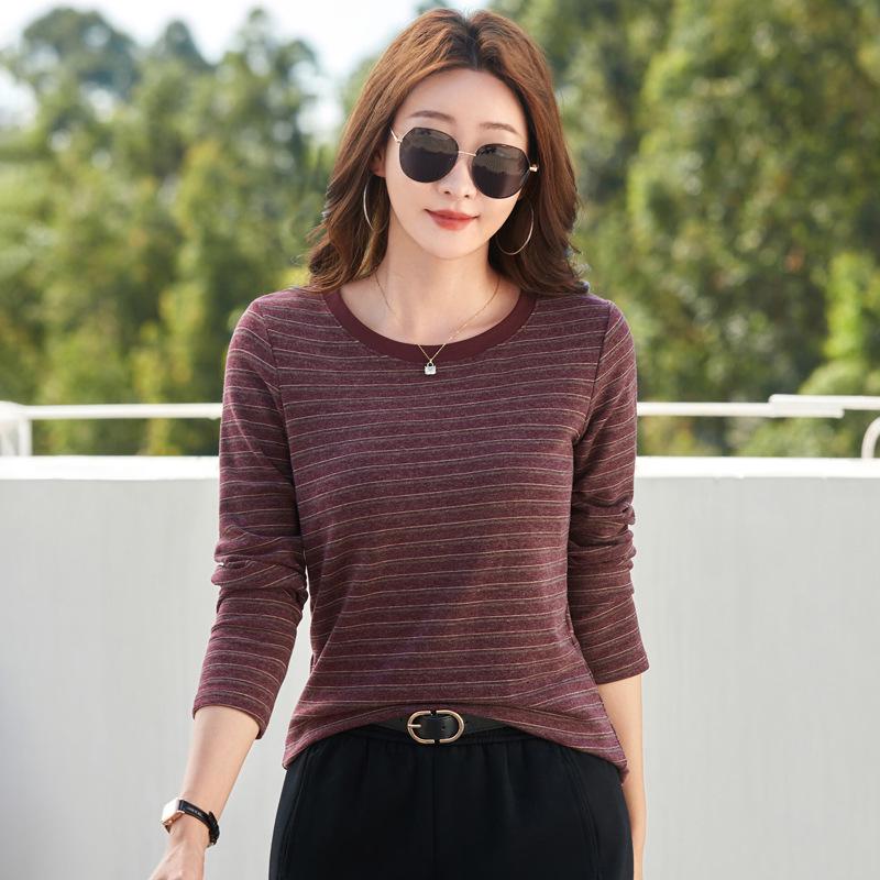Korean Style Women's Slim Fit Striped Long Sleeve Round Neck T-shirt for Autumn/Winter