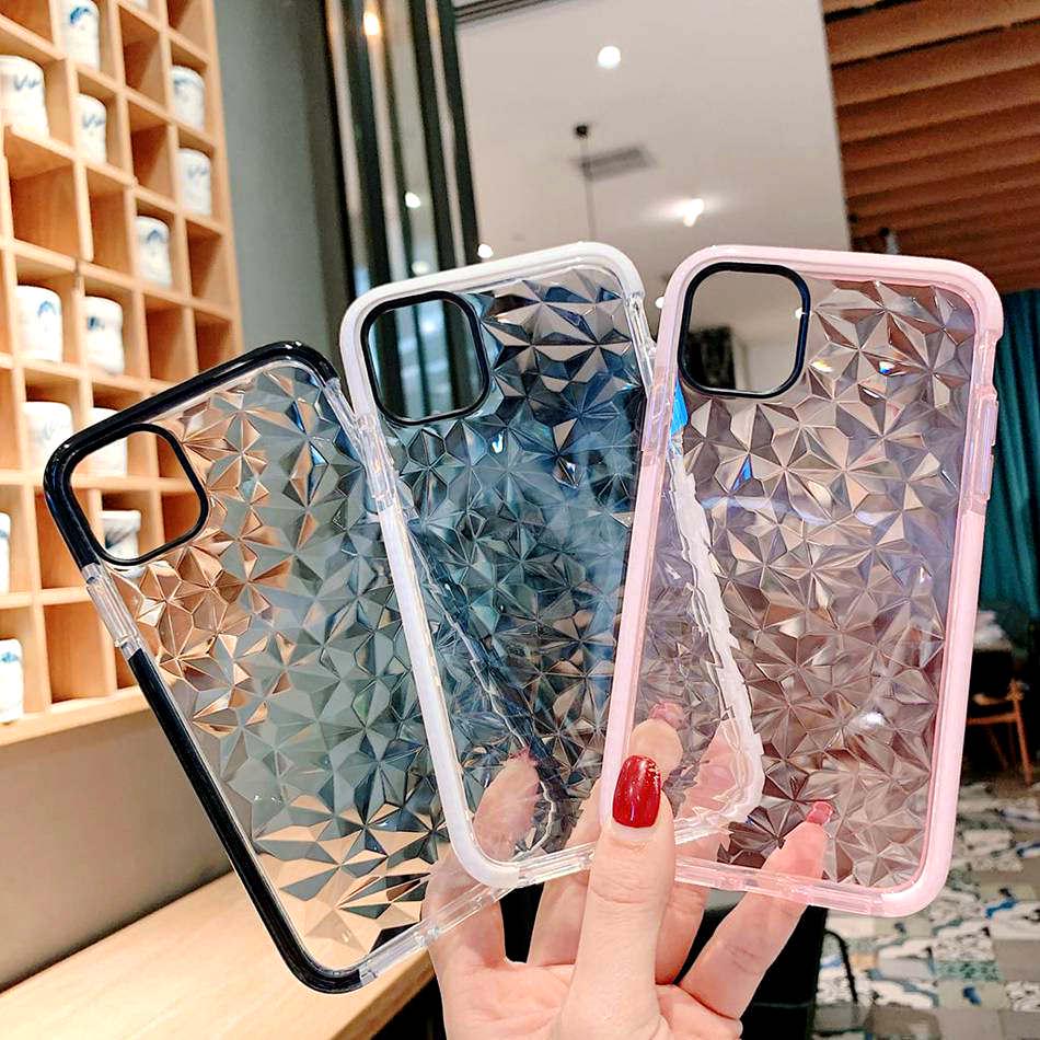 

Прозрачный чехол для iPhone 11 Pro Max XR XS Max Huawei Samsung Xiaomi Redmi Мягкий ТПУ с 3D ромбовидным узором Задняя крышка Прочный бампер на весь корпус