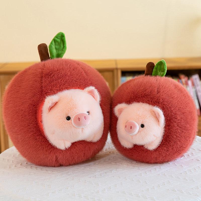 Cute Apple Pig Stuffed Plush Doll Detachable Fluffy Round Kawaii Animal Toys Bedroom Decor Gifts Couple Birthday Holiday Present