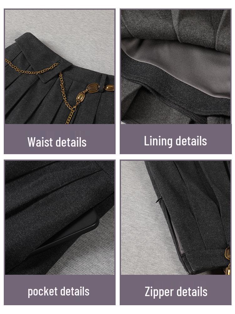 2025 Slimming Woolen Pleated Half Skirt with Waist Chain