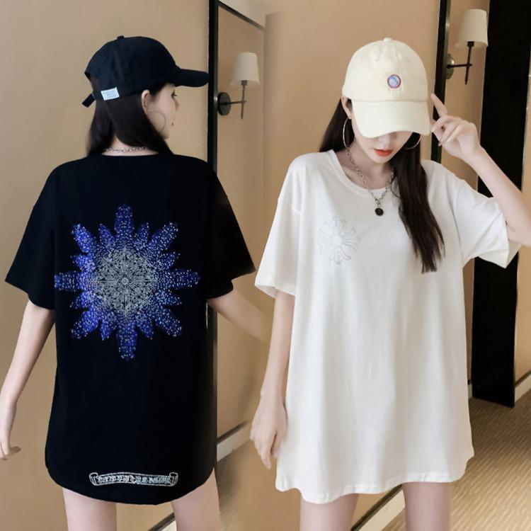 New Summer Style Gradient Snowflake Ironing Diamond Short-sleeved Round Neck T-shirt Women's Mid-length Loose Top