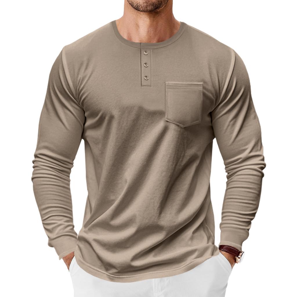 Mens Long Sleeve Henley Shirt Loose Fit Pocket Tee For Spring Autumn