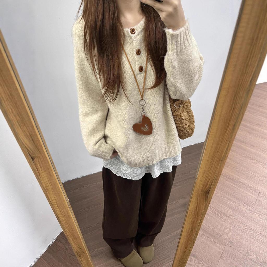 Herbst und Winter Rundhals Pullover Gestrickter Pullover für Damen Locker Lässig Langärmliges Innenoberteil