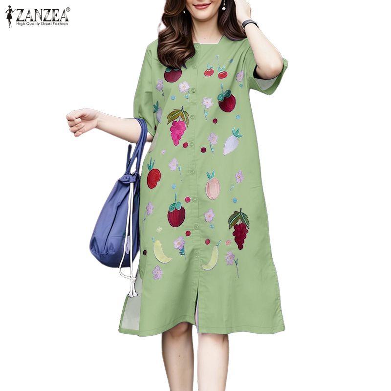 ZANZEA Women Square Collar Casual Short Sleeve Summer Print Dress
