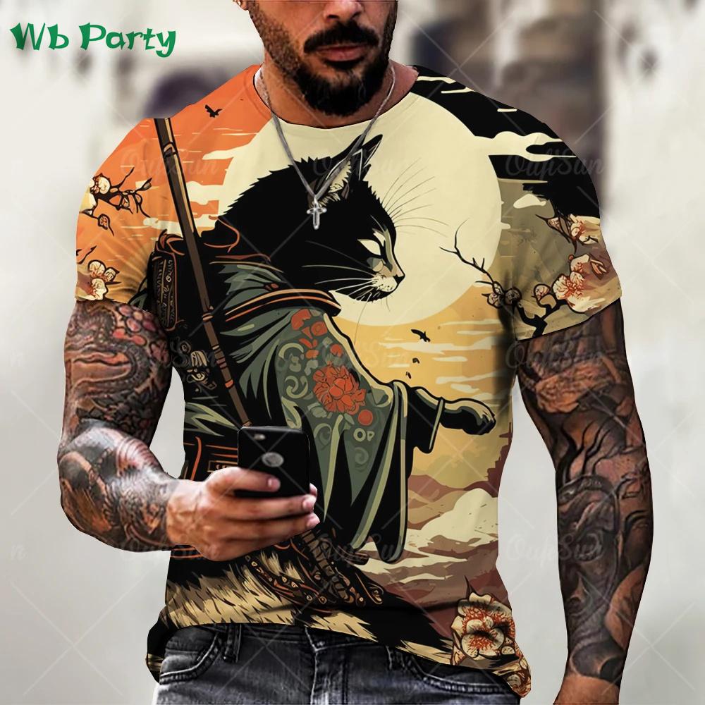 Summer Round Neck Funny Animal Samurai Cat Pattern 3D Print Top Fashionable Casual Short Sleeved Men's T-shirts