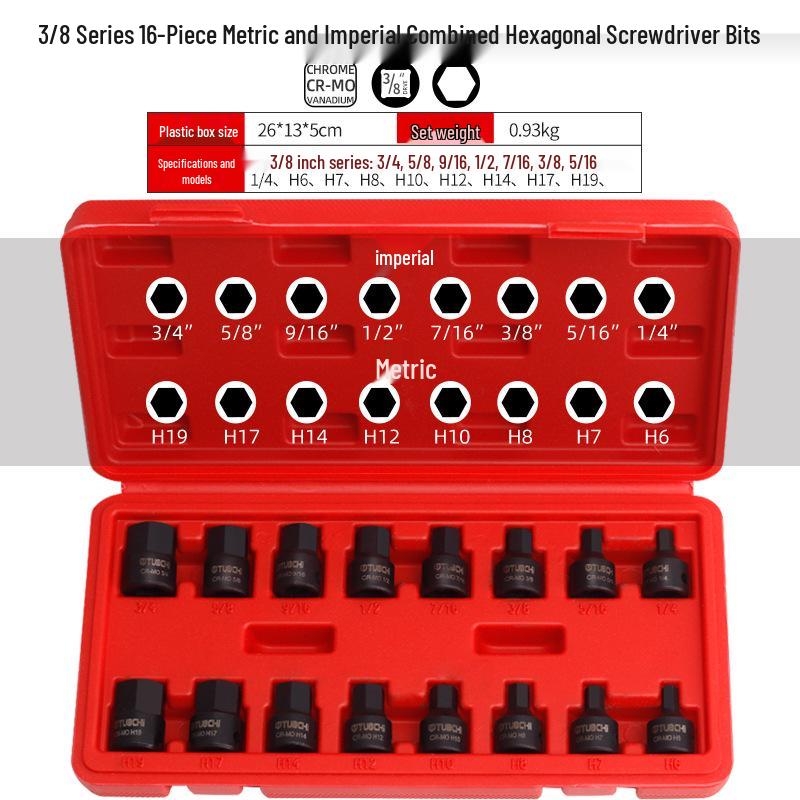 Metric & Imperial Hex Socket Set for Power Wrench & Screwdriver 3/8 inch Metric/Imperial Bit Set (16 Pcs)