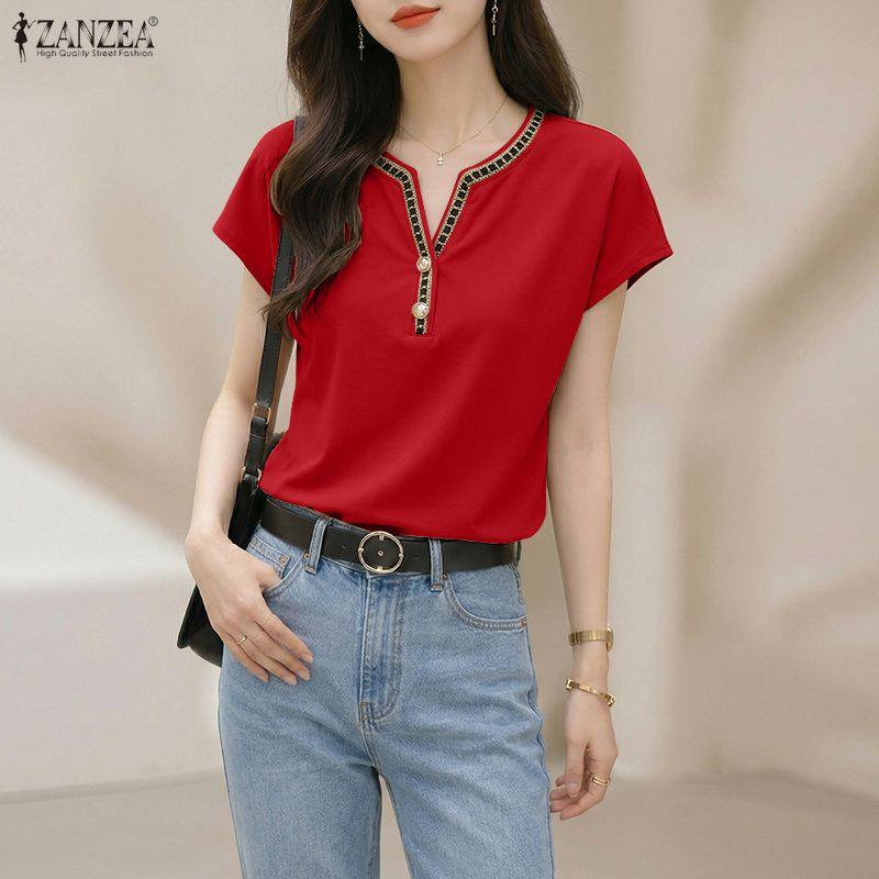 ZANZEA Women Splice V-Neck Loose Casual Short Sleeve Blouse S красный